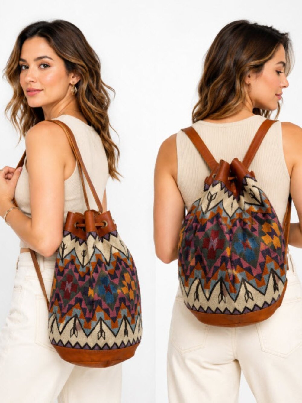 Boho Kilim Wool Leather Bucket Backpack Multicolour Marrakech Style